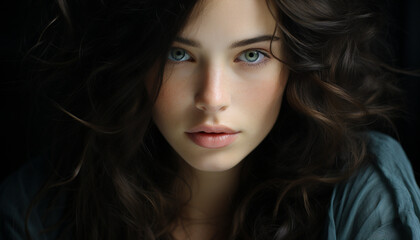 Fototapeta premium Beautiful woman with long brown hair looking at camera sensually generated by AI