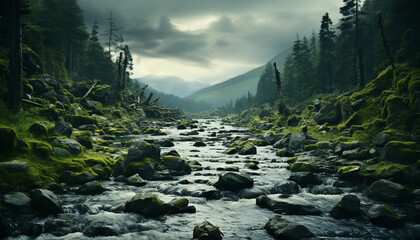 Tranquil scene  mountain peak, flowing water, green color, natural beauty generated by AI