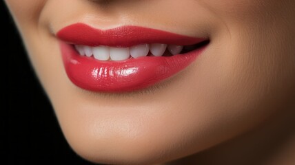 Close-up of a young adult woman with white teeth, red lips and shiny lipstick.