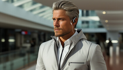 Fototapeta premium Confident businessman in suit, listening with headphones, standing in city generated by AI