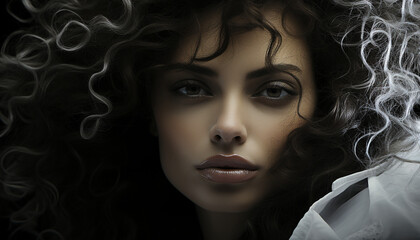 Beautiful woman with curly hair looking at camera, exuding sensuality generated by AI
