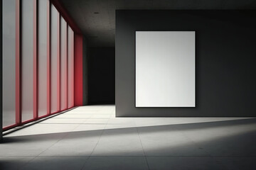 A white mock-up poster on a black wall is in a vast, empty room with a concrete floor and scarlet drapery. Generative AI