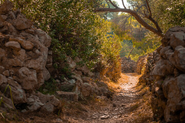 Typical stone walls for paths or pastures on the island of Losinj, Croatia. Path for hikers surrounded by high stone walls for shelter against wind.