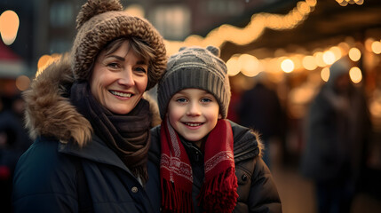 Warm winter joy, Smiling grandmother and grandson explore Christmas market