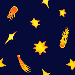 Stars and comet seamless pattern. Hand drawn watercolor illustration isolated on black. Background for website, banner, card. Wrapping paper, birthday decor.
