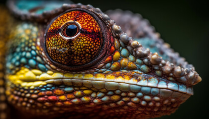 Fototapeta premium Green lizard spotted head, close up portrait in tropical rainforest generated by AI