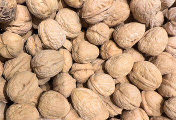 Walnuts background, texture. Walnuts close up. Walnut in a pile of nuts. Pile of nuts, close-up background. Walnut is Juglans (family Juglandaceae)