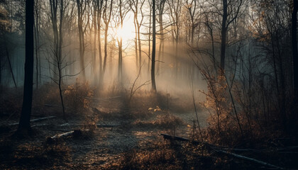 Mysterious autumn forest, spooky beauty in nature, tranquil wilderness backlit generated by AI