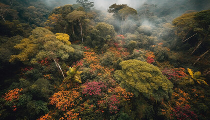 Fototapeta na wymiar Autumn landscape yellow leaves on tree, fog over mountain range generated by AI