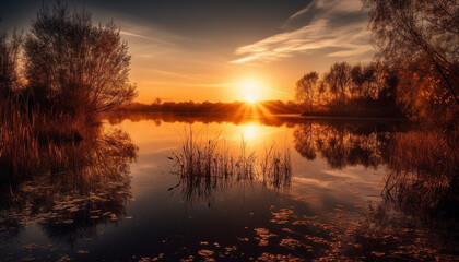 Golden horizon reflects tranquil beauty of nature vibrant colors generated by AI