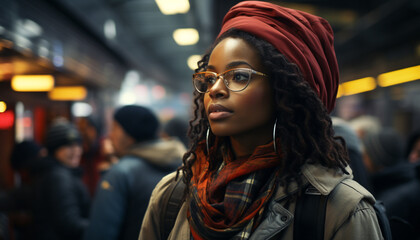 Young women in casual clothing looking at camera in subway station generated by AI