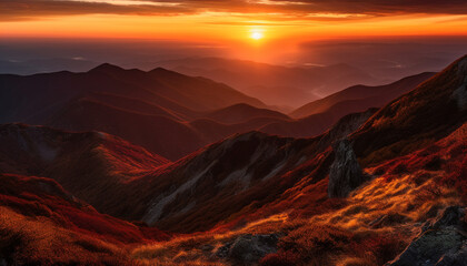Naklejka premium Majestic mountain range, tranquil meadow, panoramic sunset, nature beauty generated by AI