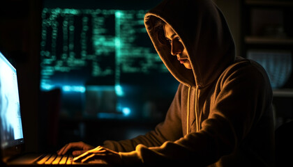Hooded programmer typing in the dark, a computer thief at work generated by AI