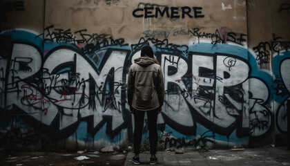 Hooded youth standing, spraying graffiti on dirty city wall generated by AI