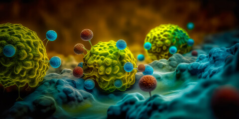 Bacteria and viruses of various shapes against a dark  background. Concept of science and medicine. 