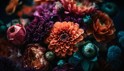 Multi colored bouquet of fresh flowers in a green vase generated by AI