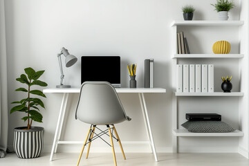 Minimalist interior. Home-office mockup. White laptop, chair, and bookshelf. Desk. E-learning. Teleworking, e-learning, and lectures. home office. Generative AI