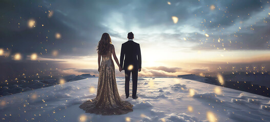 A man and a woman in a golden dress, among the clouds. Banner. Wallpaper. Copy space. Generated AI. Edited in Photoshop. - obrazy, fototapety, plakaty