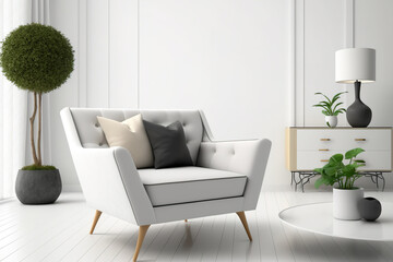 The prototype used an armchair and a decorated white modern coffee table. Living room. interior concept. Generative AI