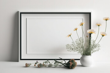 Mockup of a horizontal image frame with copy space on a white wall with flowers. Generative AI
