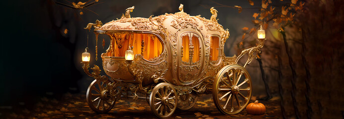 Golden carriage with pumpkin on an autumn background. Lanterns on the carriage. Thanksgiving Day. Pumpkins. Banner. Wallpaper. Copy space. Generated AI. Edited in Photoshop.
