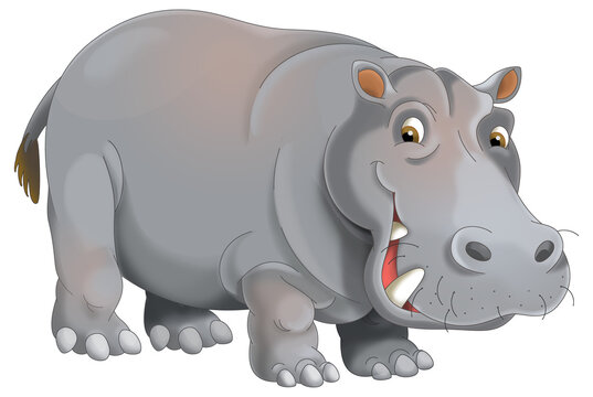cartoon scene with hippo hippopotamus happy playing fun isolated illustration for children