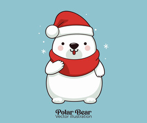Vector illustration of cute polar bear with Santa hat, a Christmas cartoon character for Happy winter holiday