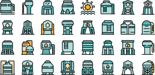 Water tower icons set outline vector. Tank industrial. Tower plant thin line color flat on white