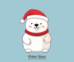 Cute polar bear in Santa hat: A vector Christmas cartoon character for Happy winter holiday