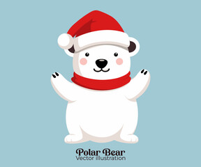 Fototapeta na wymiar Christmas cartoon character: Cute polar bear with Santa hat, Happy winter holiday vector
