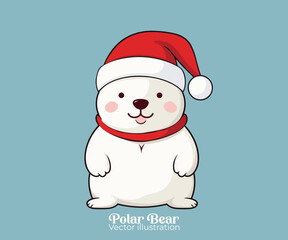 Happy winter holiday with cute polar bear in Santa hat, Vector Christmas cartoon character