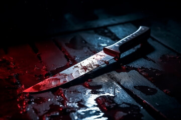 Scary conceptual image of a bloody knife on the table. The concept of committed murder, crime - obrazy, fototapety, plakaty