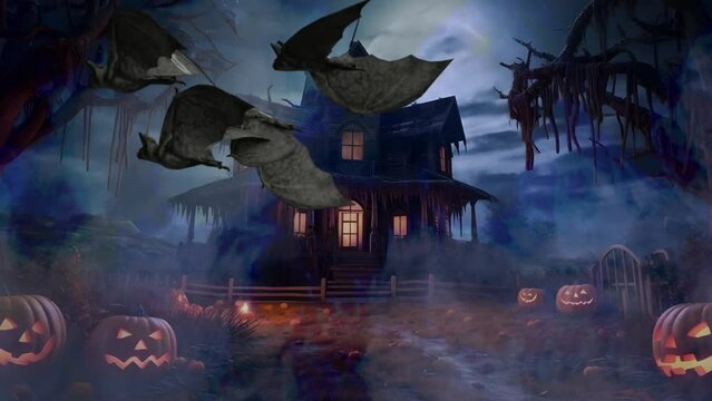 Halloween haunted house lite by a full moon at midnight video with lightning and flying spooky bats (AI generated images)	
