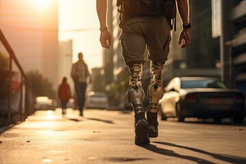 Person on prosthetic limbs, rehabilitation, body part replacement, artificial motion support, medical care, transplant, crutches, happy living, back on your feet again - obrazy, fototapety, plakaty