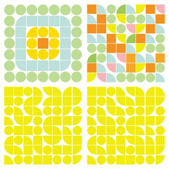 abstract geometric background with circles and squares in yellow, pink and green. Seamless vector pattern with circles and squares in yellow and blue