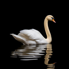 Naklejka premium Swan with its reflection and a black background. Generative ai. 