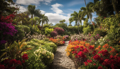 Fototapeta premium Idyllic tropical garden showcases multi colored blossoms and lush green foliage generated by AI