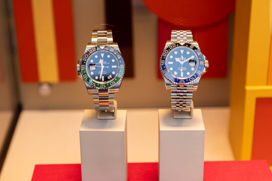 New York City, USA - August 05, 2023: Rolex Mens GMT-Master luxury swiss watch accessory at display