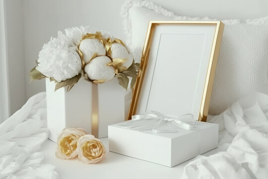 Mockup of a white frame and a gold gift box on the bed. White peonies in a bouquet with handmade wrapping. Scandinavian decor, white. Generative AI