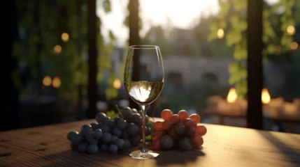 Fotobehang Verre de vin blanc, sur fond de paysage. Verre d'alcool, ambiance festive, repas. Pour conception et création graphique. © FlyStun