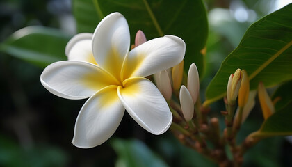 Tropical frangipani blossom, symbol of love and exotic beauty generated by AI