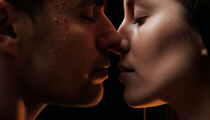 Passionate young couple embrace in a sensual, affectionate kiss indoors generated by AI - obrazy, fototapety, plakaty