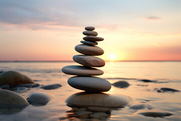 zen stones stack balancing on the beach 
created using generative Ai tools - obrazy, fototapety, plakaty