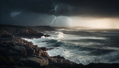 Obraz premium Dramatic sky breaks over majestic coastline, danger lurks in hurricane generated by AI