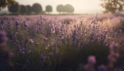 Tranquil meadow at dusk, purple flowers blossom in the sunset generated by AI