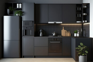 dark gray industrial kitchen cabinet design. Generative AI