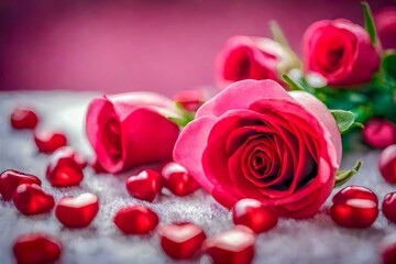 A rose and some red roses are on a table
