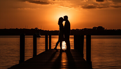 Romantic couple embraces in tranquil sunset silhouette on jetty wood generated by AI
