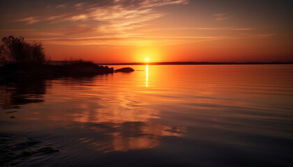 Golden sun sets over tranquil waters, reflecting vibrant autumn beauty generated by AI