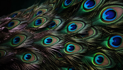 Fototapeta premium Vibrant peacock tail displays majestic iridescent multi colored feathers generated by AI